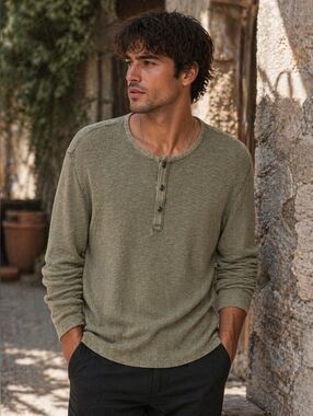 NWT- John Varvatos Olive Long-Sleeve Henley Shirt for Men, Size XXL